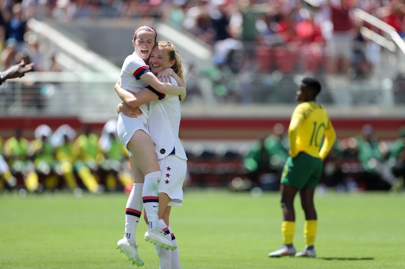 Sam Mewis celebrates her first goal vs. South Africa on May 12, 2019. Rose Lavelle provided the assist.