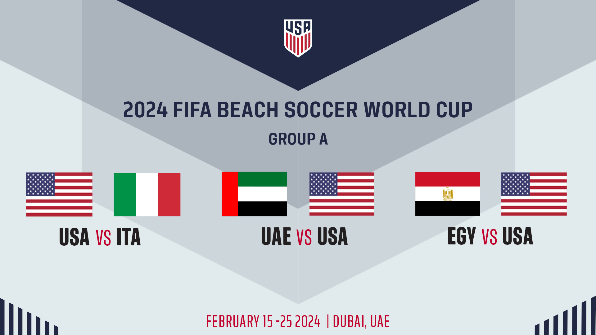 La Selección Nacional Masculina de Fútbol Playa de Estados Unidos se enfrentará a Italia, Emiratos Árabes Unidos y Egipto en la Copa Mundial de Fútbol Playa de la FIFA 2024 en los Emiratos Árabes Unidos.